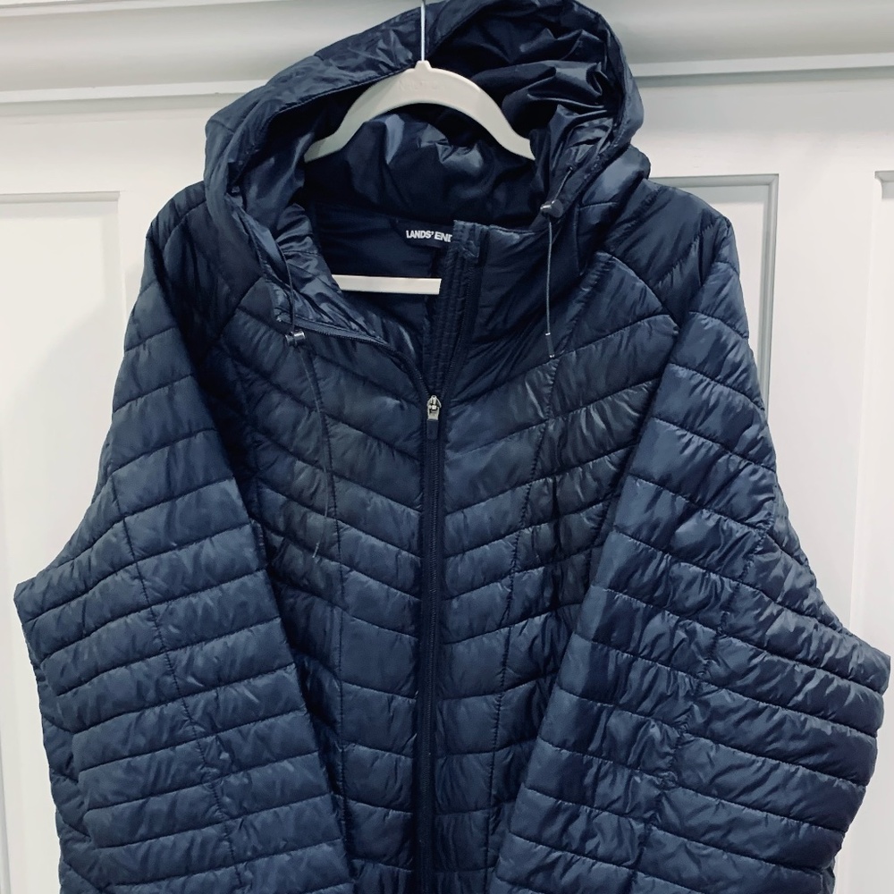 LANDS END Navy Blue Lightweight Quilted Down Puffer Jacket w/Hood 3x